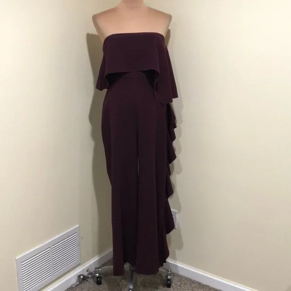 Alexis Kendall Wide Leg Jumpsuit Size Medium Maroon Red Ruffle Strapless